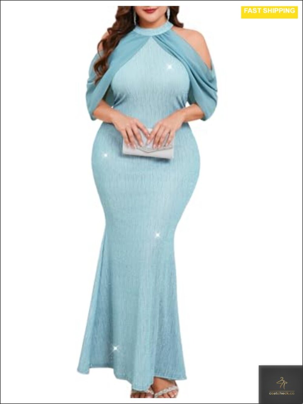 Plus Size Sparkly Mermaid Evening Gown Halter Neck Cape Sleeve Maxi Dress